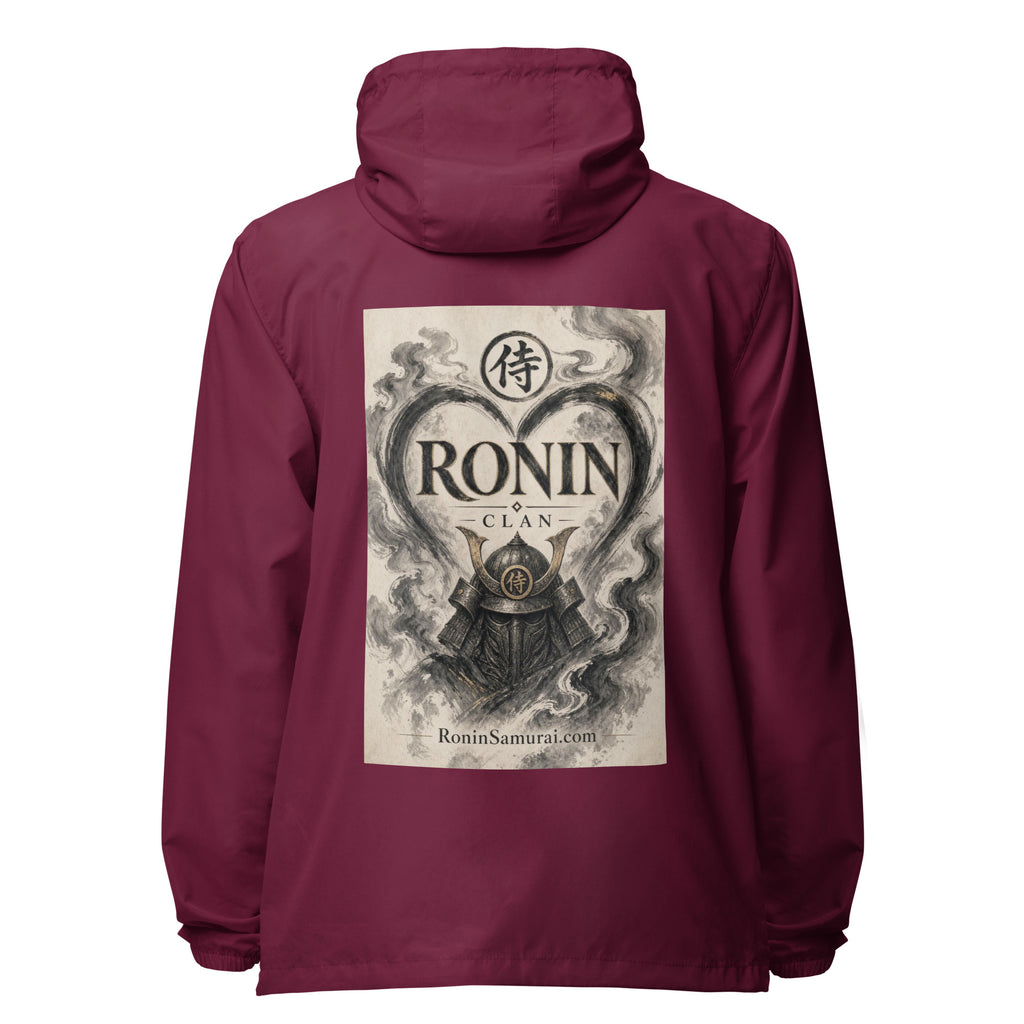 Ink Heart Ronin Clan Windbreaker, maroon back: ink-wash heart around a kabuto helmet on cream paper, 侍 seal and RONIN CLAN