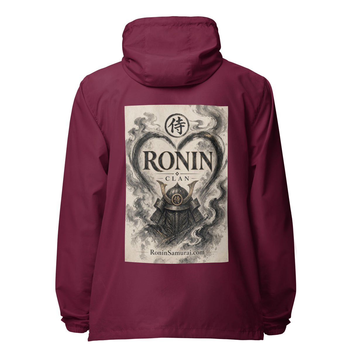Ink Heart Ronin Clan Windbreaker, maroon back: ink-wash heart around a kabuto helmet on cream paper, 侍 seal and RONIN CLAN