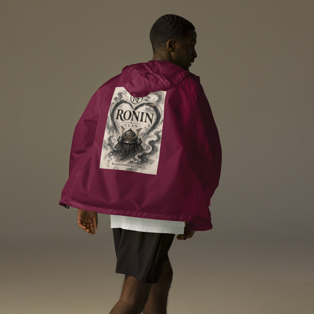 Ink Heart Ronin Clan Windbreaker, maroon back: ink-wash heart around a kabuto helmet on cream paper, 侍 seal and RONIN CLAN