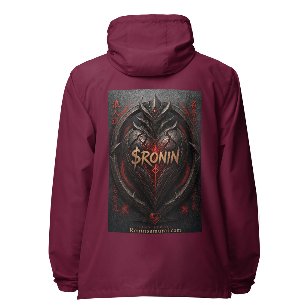 Obsidian Heart Ronin Windbreaker, maroon back: spiked black armored heart with a glowing red core and $RONIN, red kanji at the sides