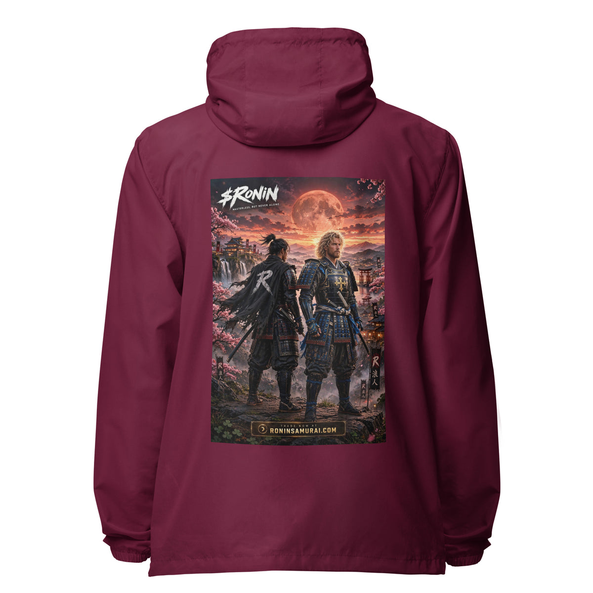 Sworn Brothers Ronin Windbreaker, maroon back: two warriors, a dark-haired ronin and a golden-haired samurai in blue armor, under a blood-red moon with a white $RONIN