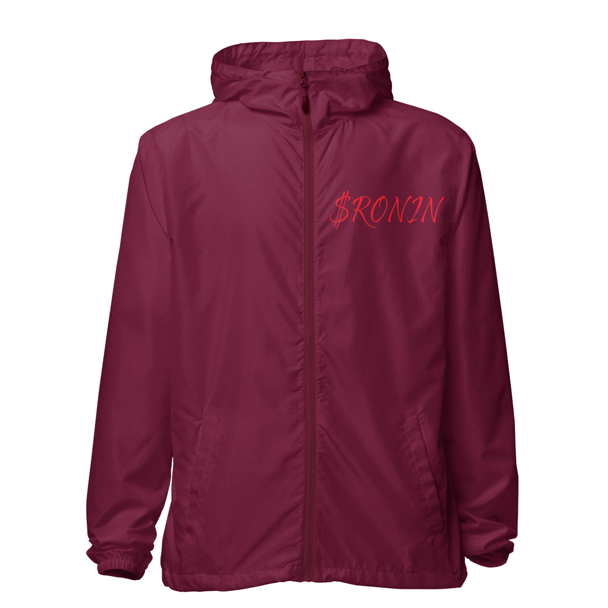 Obsidian Heart Ronin Windbreaker, maroon front: red script $RONIN on the left chest