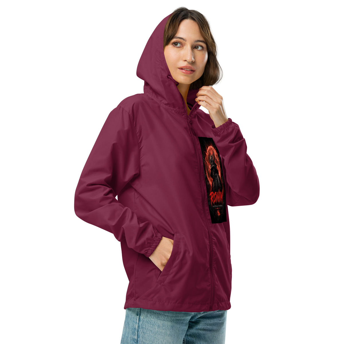 Clan at the Tip Windbreaker, maroon right front: Blood Moon RONIN samurai art on the left chest