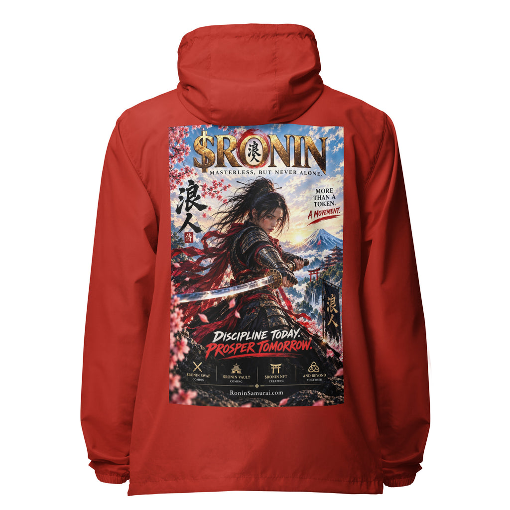 Discipline Today Ronin Windbreaker, red back: back print of a female samurai lunging with a katana before Fuji under a gold $RONIN
