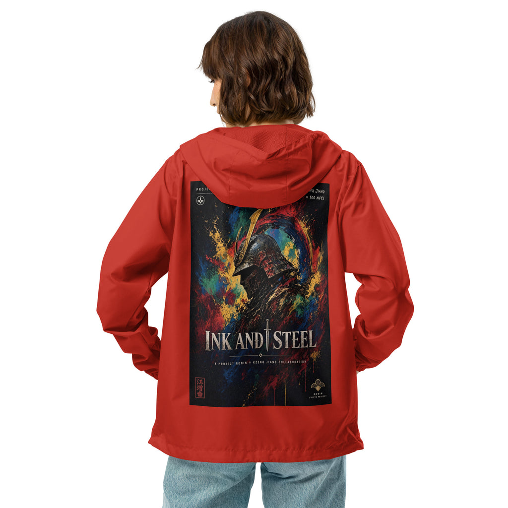 Ink and Steel Samurai Windbreaker, red back: back print of a samurai in a gold-crested helmet amid paint splashes, INK AND STEEL