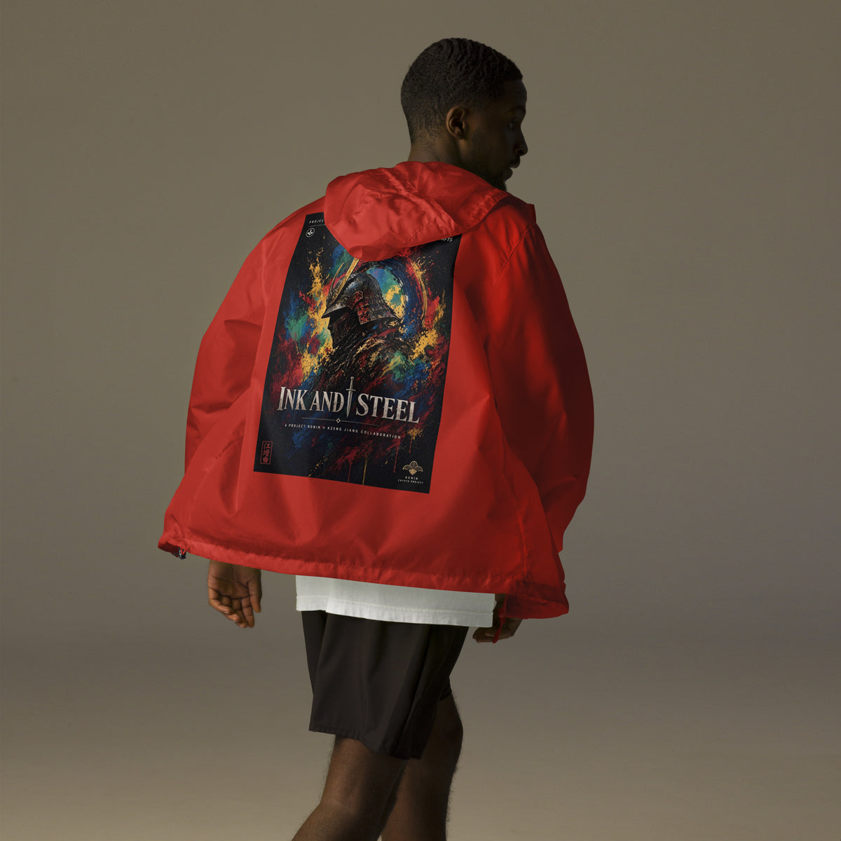 Ink and Steel Samurai Windbreaker, red back: back print of a samurai in a gold-crested helmet amid paint splashes, INK AND STEEL