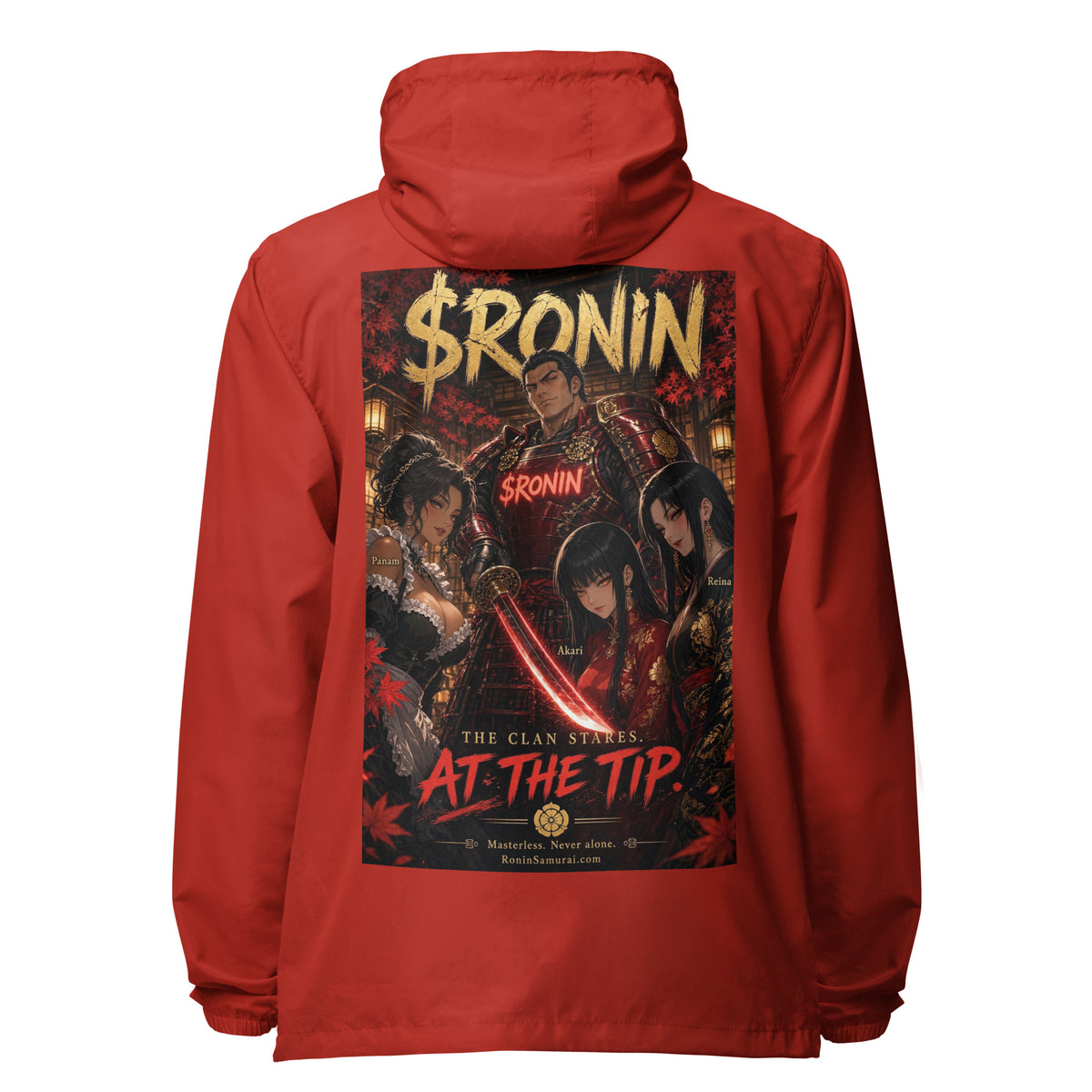 Clan at the Tip Windbreaker, red back: back print of a red-armored samurai with three swordswomen, THE CLAN AT THE TIP