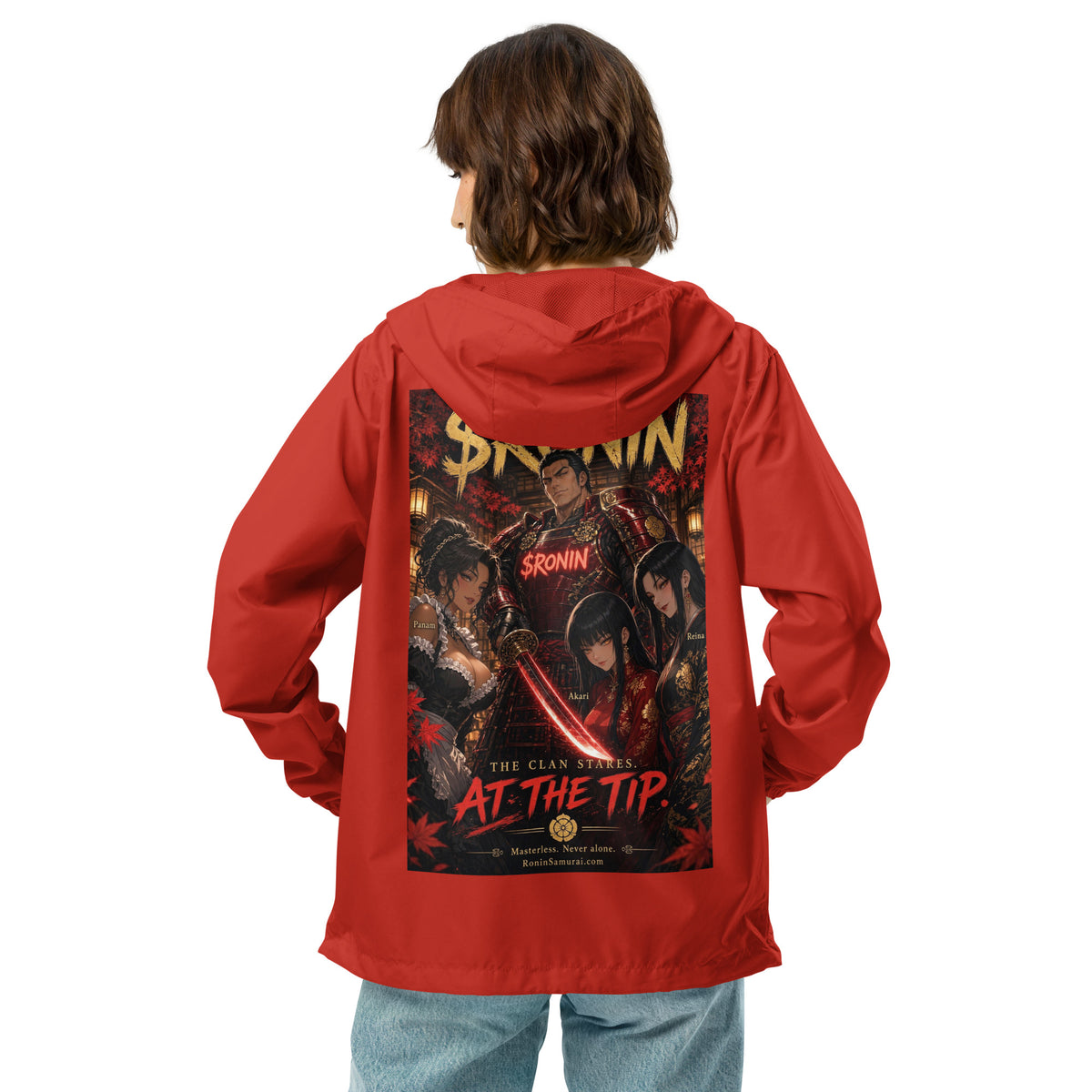 Clan at the Tip Windbreaker, red back: back print of a red-armored samurai with three swordswomen, THE CLAN AT THE TIP