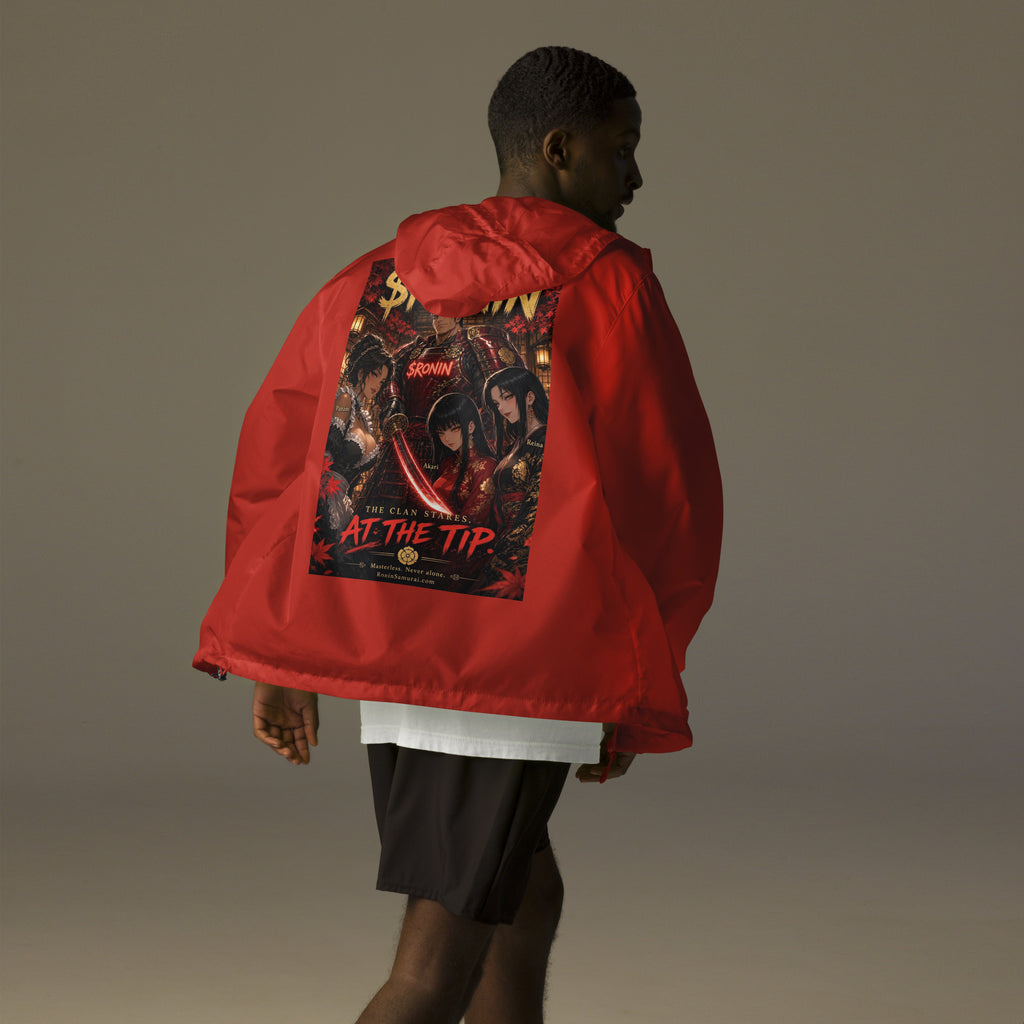 Clan at the Tip Windbreaker, red back: back print of a red-armored samurai with three swordswomen, THE CLAN AT THE TIP