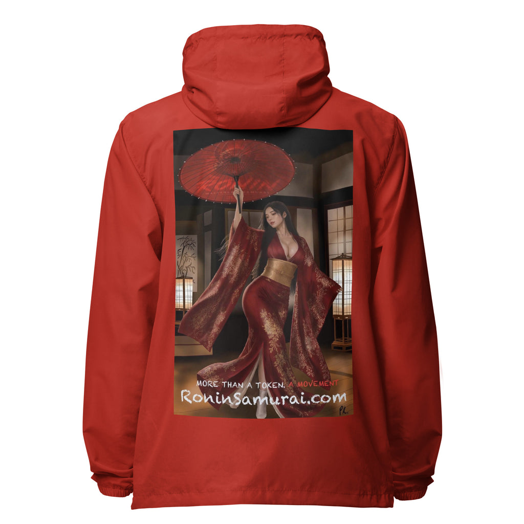 Red Parasol Ronin Windbreaker, red back: back print of a woman in a red kimono holding a red parasol in a shoji room