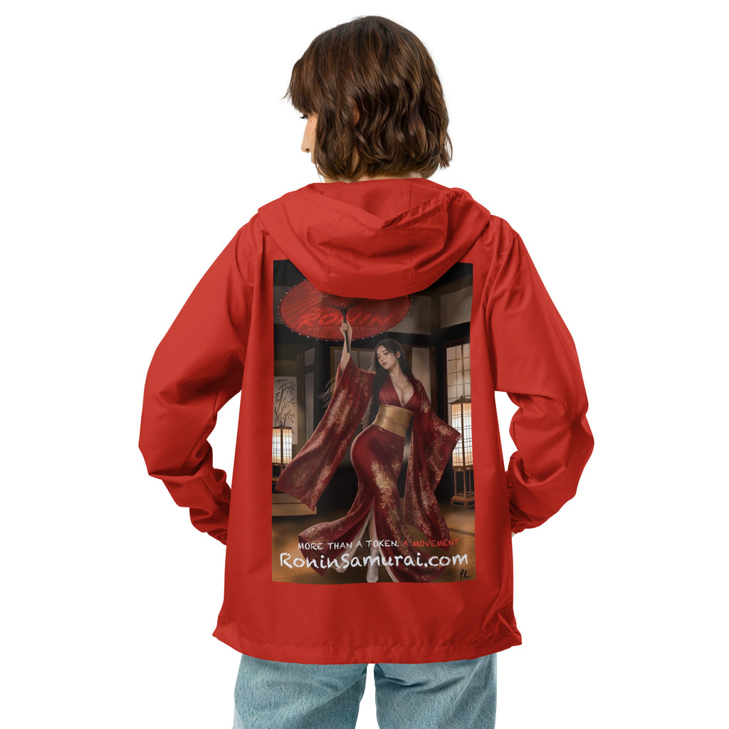 Red Parasol Ronin Windbreaker, red back: back print of a woman in a red kimono holding a red parasol in a shoji room