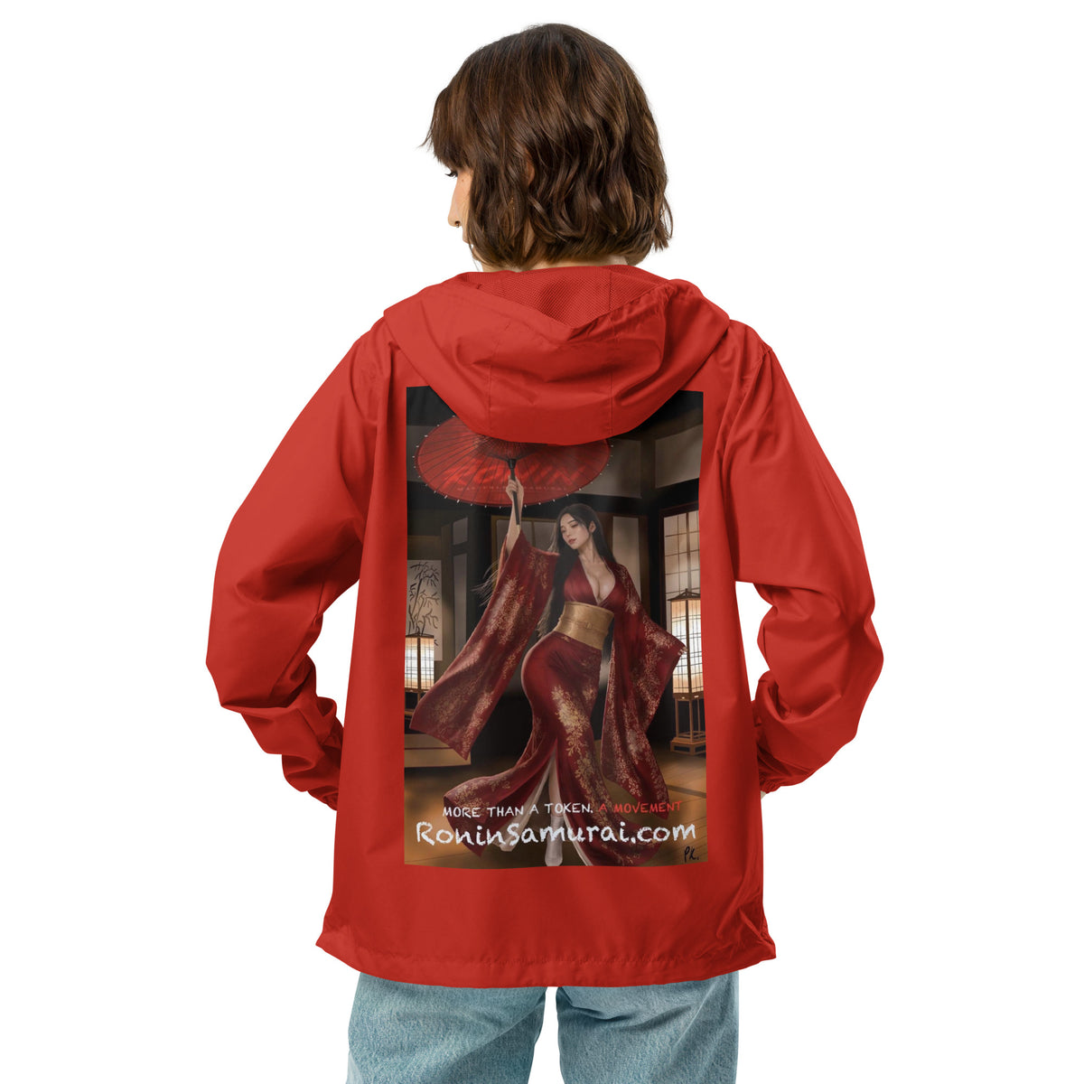 Red Parasol Ronin Windbreaker, red back: back print of a woman in a red kimono holding a red parasol in a shoji room