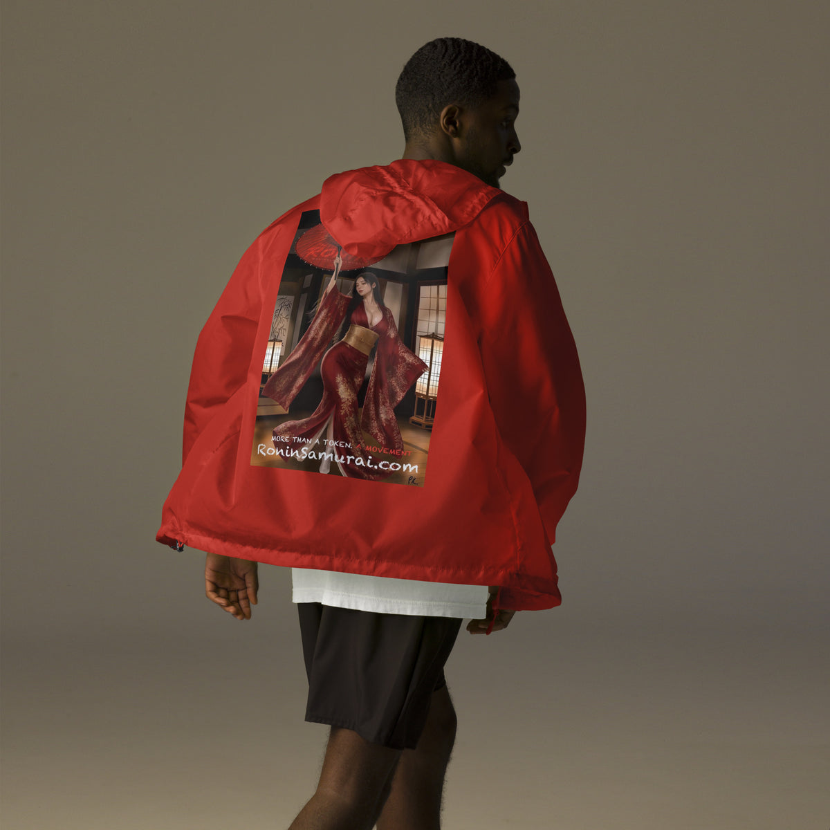 Red Parasol Ronin Windbreaker, red back: back print of a woman in a red kimono holding a red parasol in a shoji room