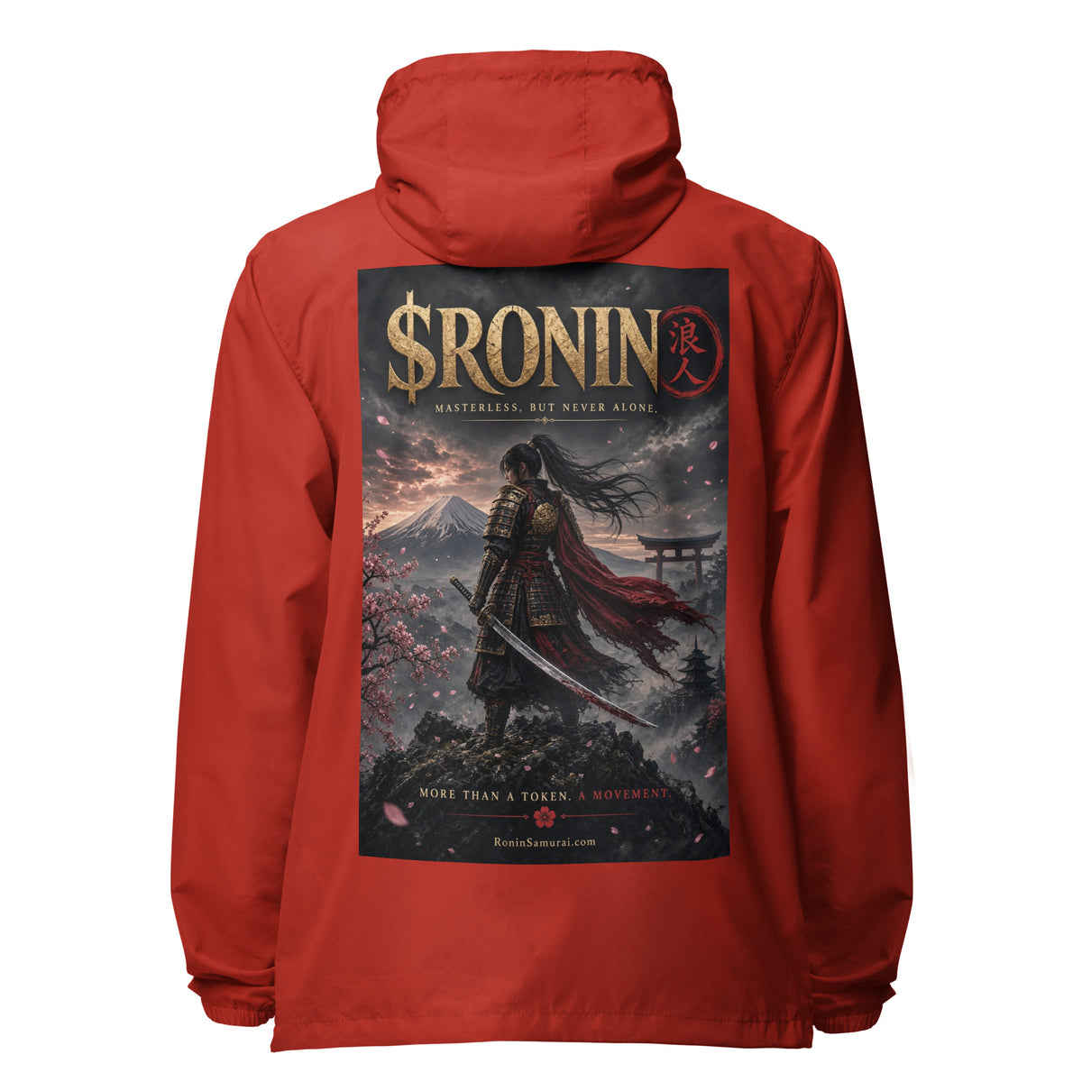 Torii Ridge Ronin Windbreaker, red back: back print of a caped female samurai on a ridge facing Fuji and a torii under gold $RONIN