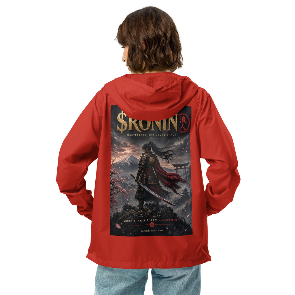 Torii Ridge Ronin Windbreaker, red back: back print of a caped female samurai on a ridge facing Fuji and a torii under gold $RONIN
