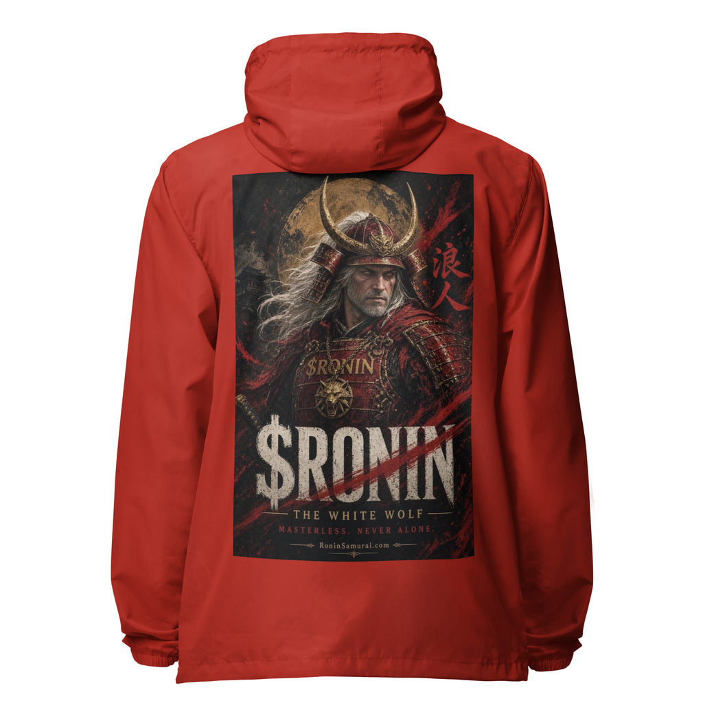 Silver-Haired Ronin Windbreaker, red back: back print of a silver-haired, scarred warrior in crimson armor and gold-horned kabuto under a bold $RONIN title