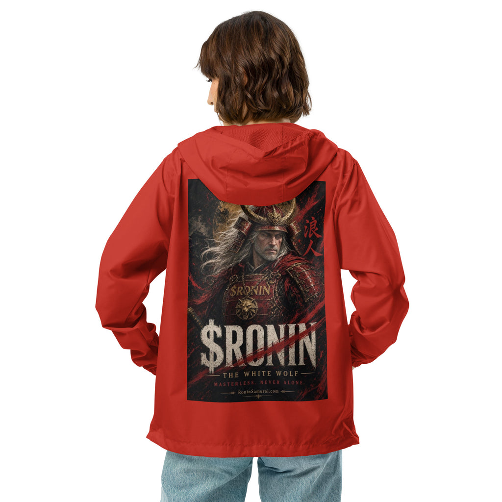 Silver-Haired Ronin Windbreaker, red back: back print of a silver-haired, scarred warrior in crimson armor and gold-horned kabuto under a bold $RONIN title