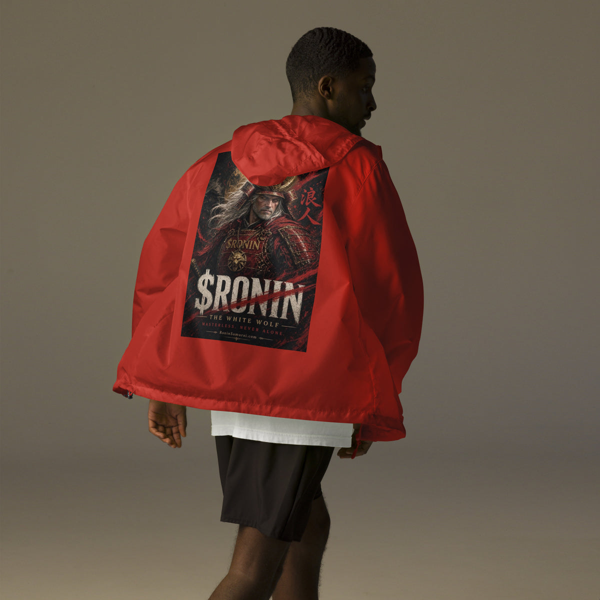 Silver-Haired Ronin Windbreaker, red back: back print of a silver-haired, scarred warrior in crimson armor and gold-horned kabuto under a bold $RONIN title