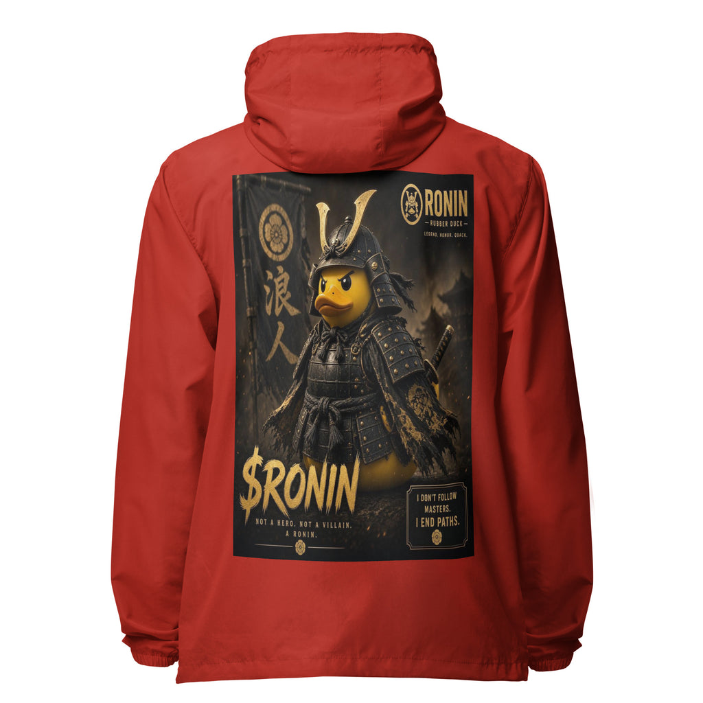 Samurai Rubber Duck Windbreaker, red back: back print of a yellow rubber duck in black-and-gold samurai armor, gold $RONIN