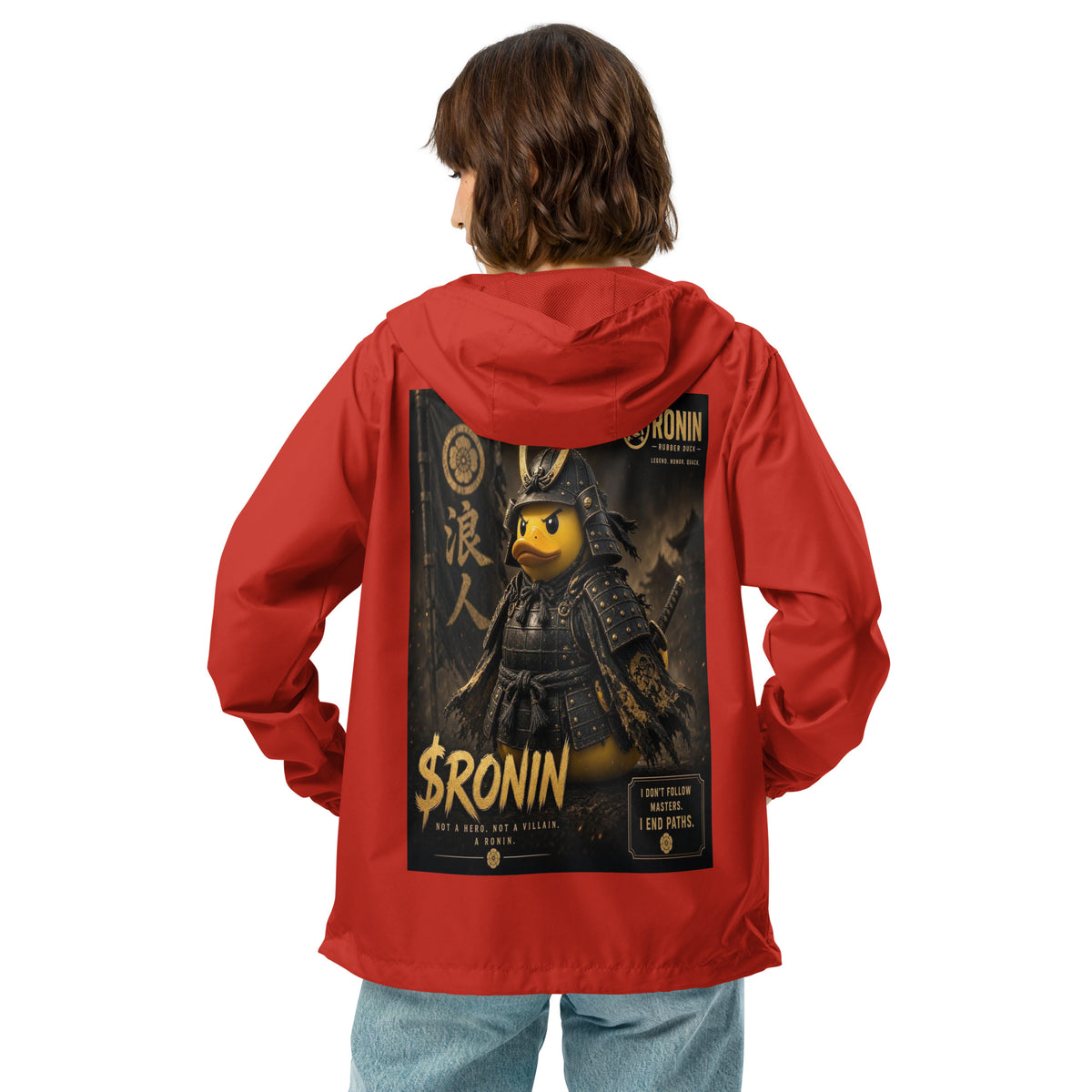 Samurai Rubber Duck Windbreaker, red back: back print of a yellow rubber duck in black-and-gold samurai armor, gold $RONIN