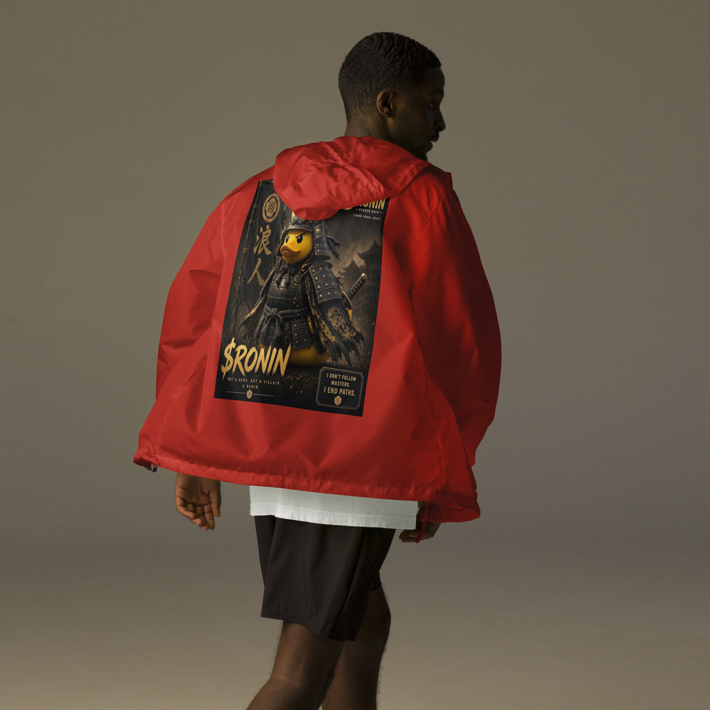 Samurai Rubber Duck Windbreaker, red back: back print of a yellow rubber duck in black-and-gold samurai armor, gold $RONIN