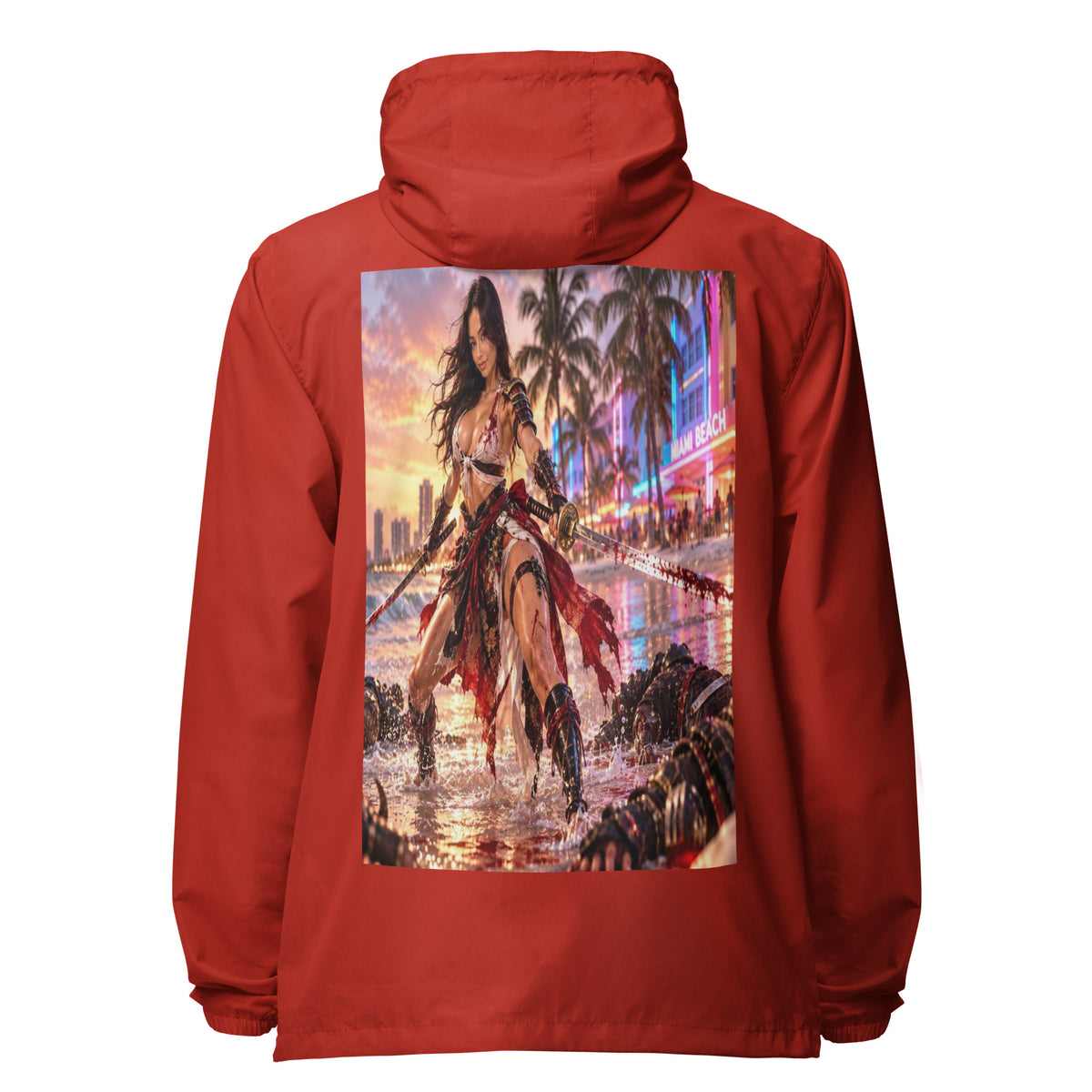 Miami Beach Ronin Windbreaker, red back: back print of a dual-katana warrior in the surf before a neon Miami Beach skyline