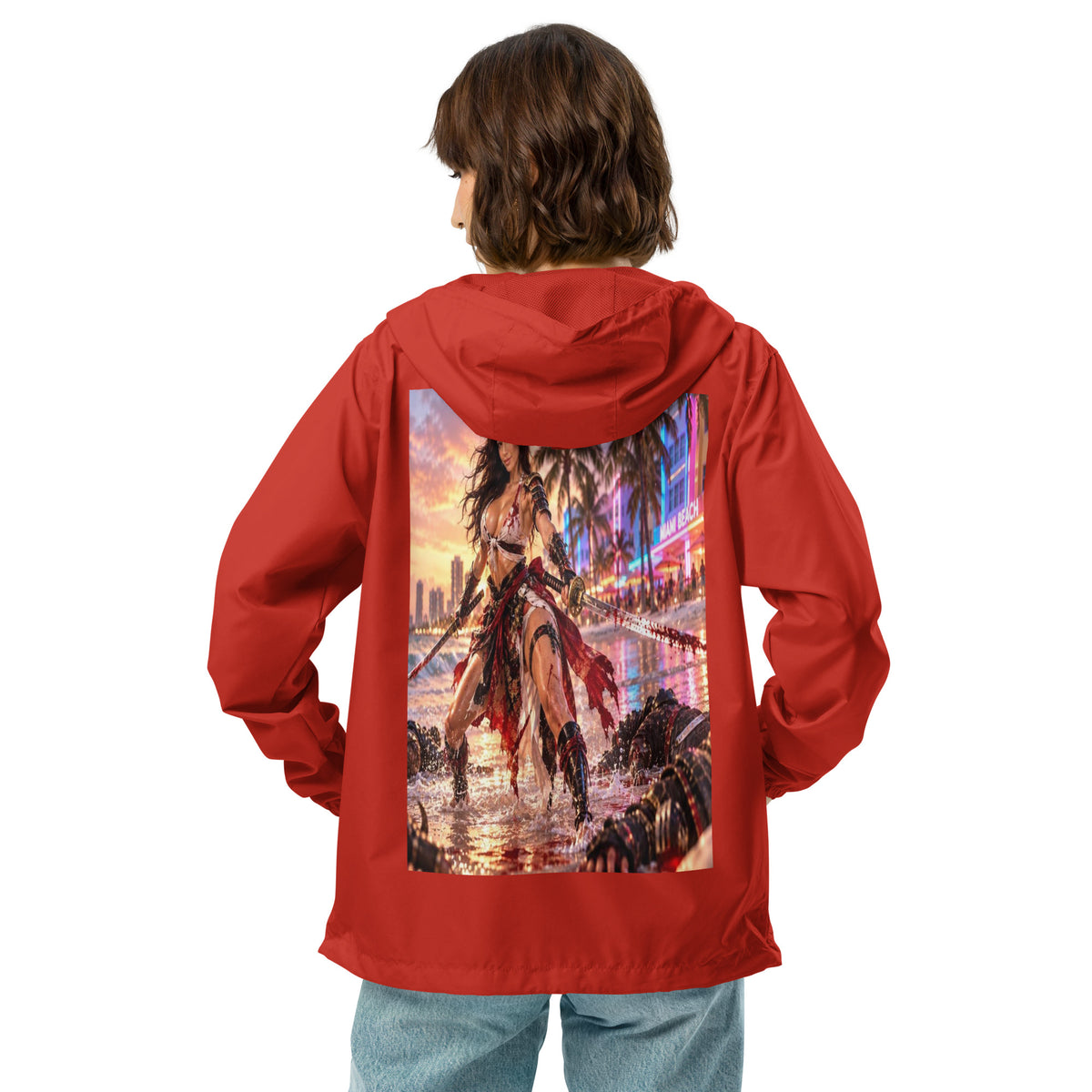 Miami Beach Ronin Windbreaker, red back: back print of a dual-katana warrior in the surf before a neon Miami Beach skyline