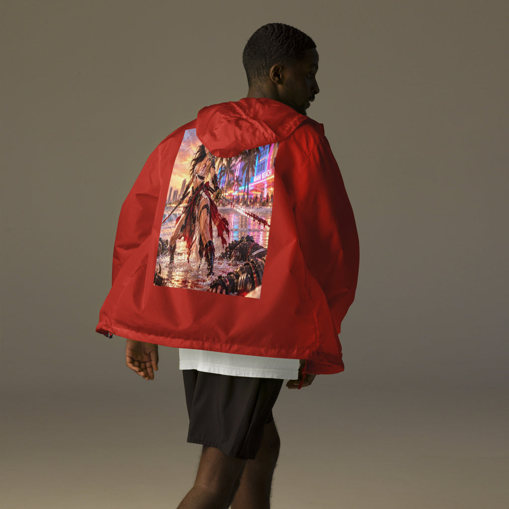 Miami Beach Ronin Windbreaker, red back: back print of a dual-katana warrior in the surf before a neon Miami Beach skyline