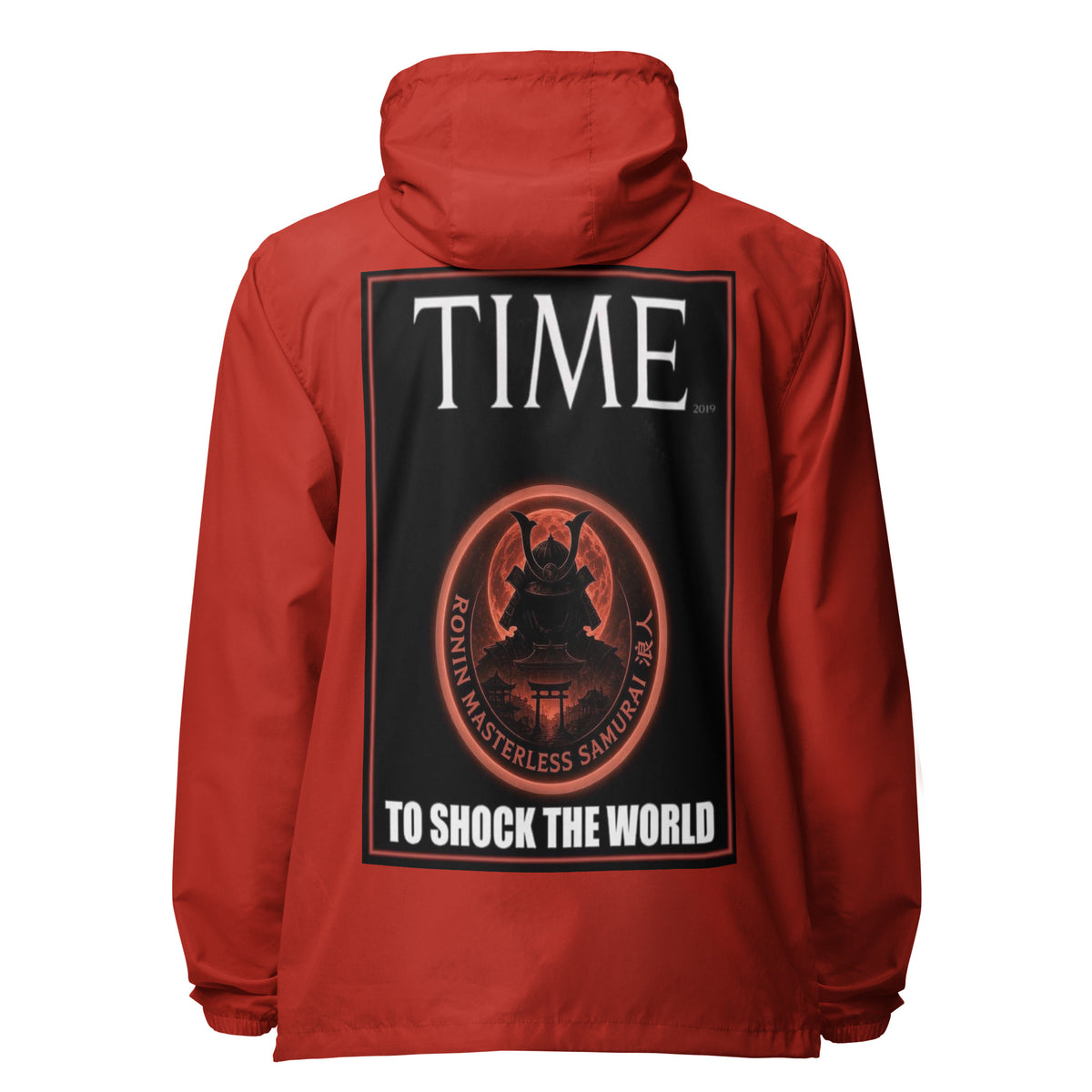 Ronin Cover Story Windbreaker, red back: back print of a red-framed cover-style poster with the round RONIN samurai seal and TO SHOCK THE WORLD