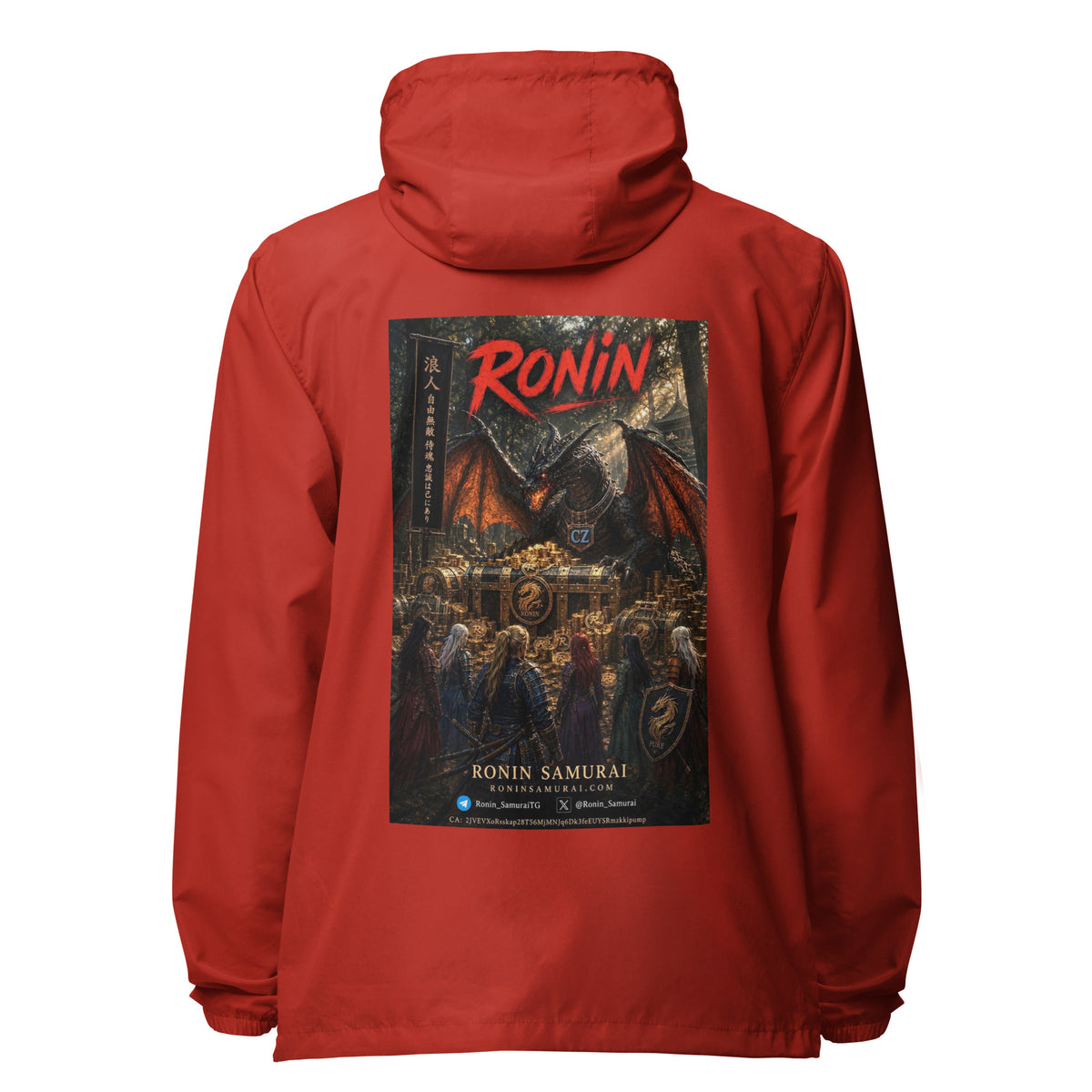 Golden Dragon Ronin Windbreaker, red back: back print of a dark dragon on a golden hoard facing armored warriors, red RONIN