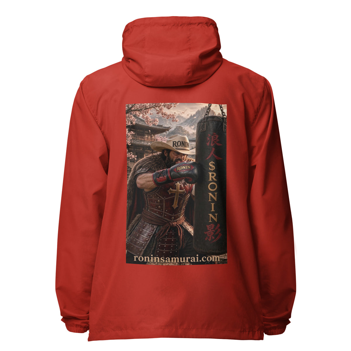 Heavy Bag Ronin Windbreaker, red back: back print of a cowboy-hat samurai boxer punching a heavy bag lettered 浪人 $RONIN