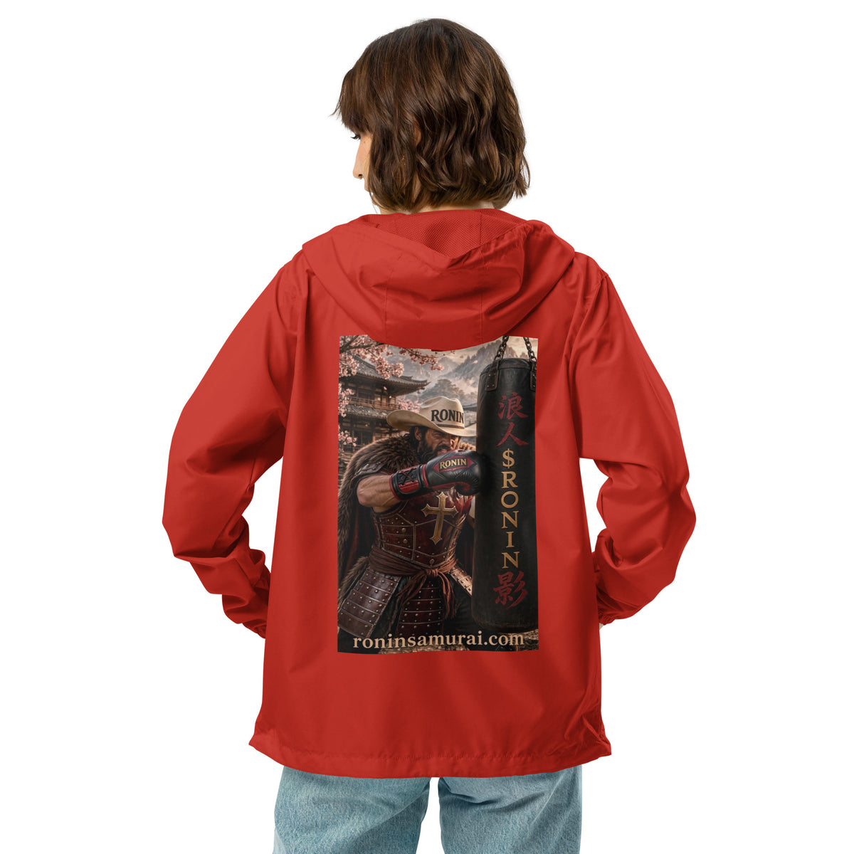 Heavy Bag Ronin Windbreaker, red back: back print of a cowboy-hat samurai boxer punching a heavy bag lettered 浪人 $RONIN