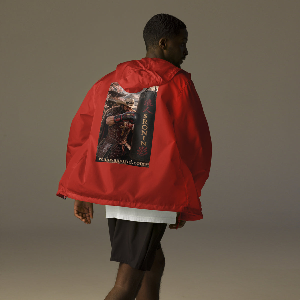 Heavy Bag Ronin Windbreaker, red back: back print of a cowboy-hat samurai boxer punching a heavy bag lettered 浪人 $RONIN