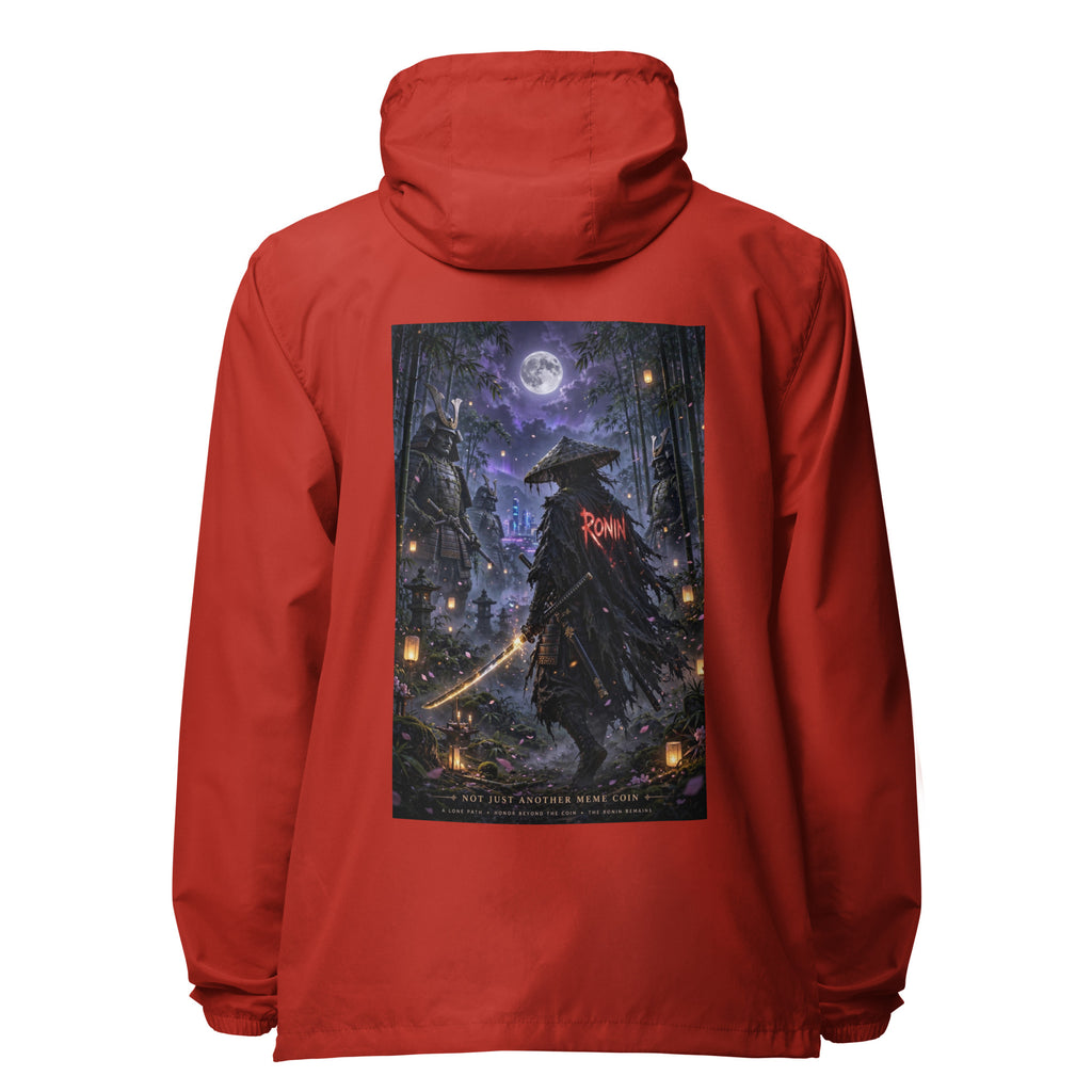 Bamboo Moon Ronin Windbreaker, red back: back print of a straw-hat ronin with a glowing katana in a moonlit lantern bamboo grove