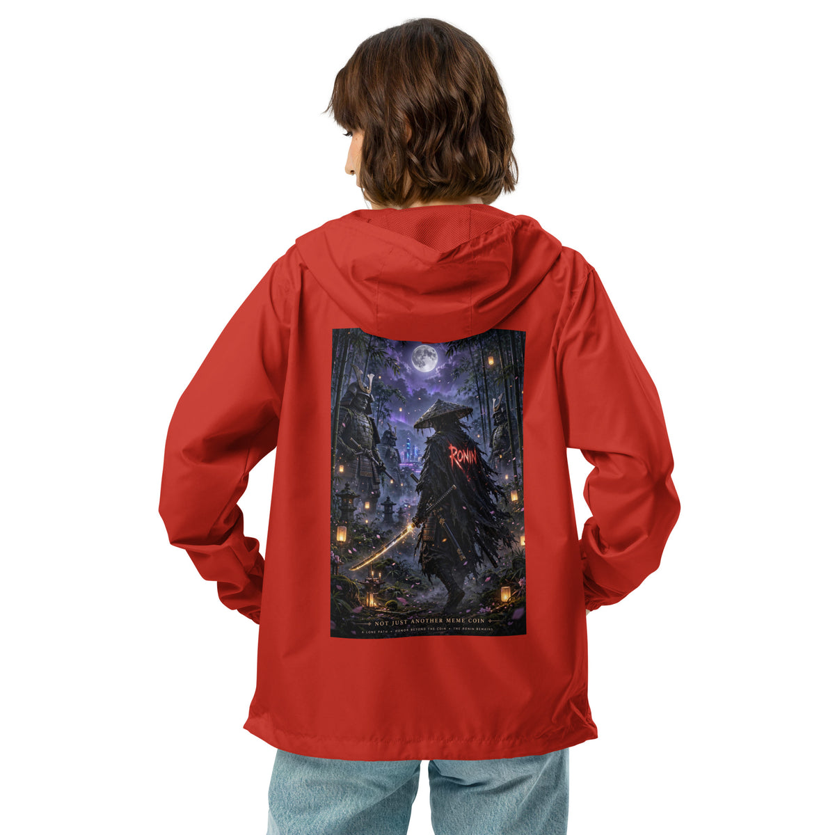 Bamboo Moon Ronin Windbreaker, red back: back print of a straw-hat ronin with a glowing katana in a moonlit lantern bamboo grove