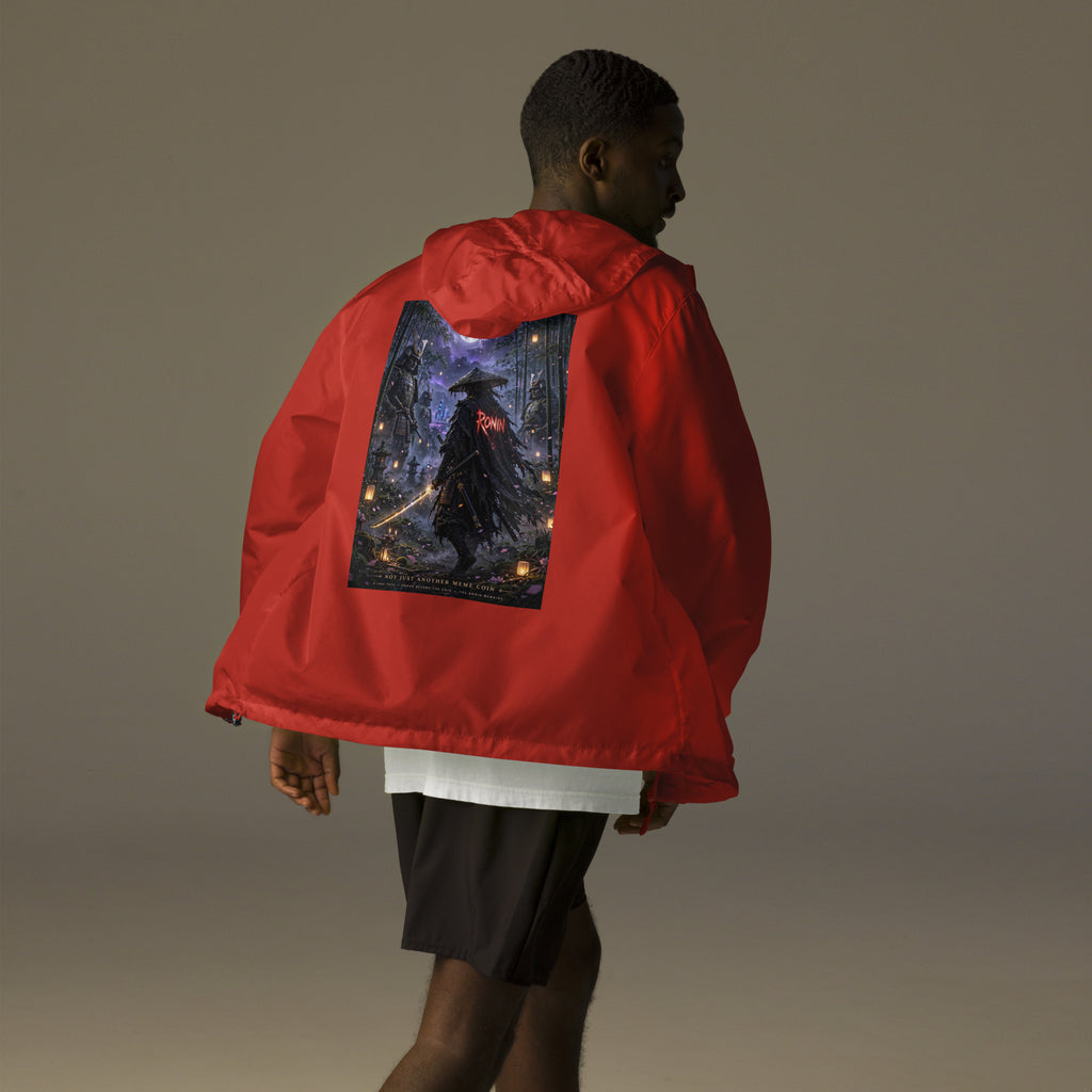 Bamboo Moon Ronin Windbreaker, red back: back print of a straw-hat ronin with a glowing katana in a moonlit lantern bamboo grove