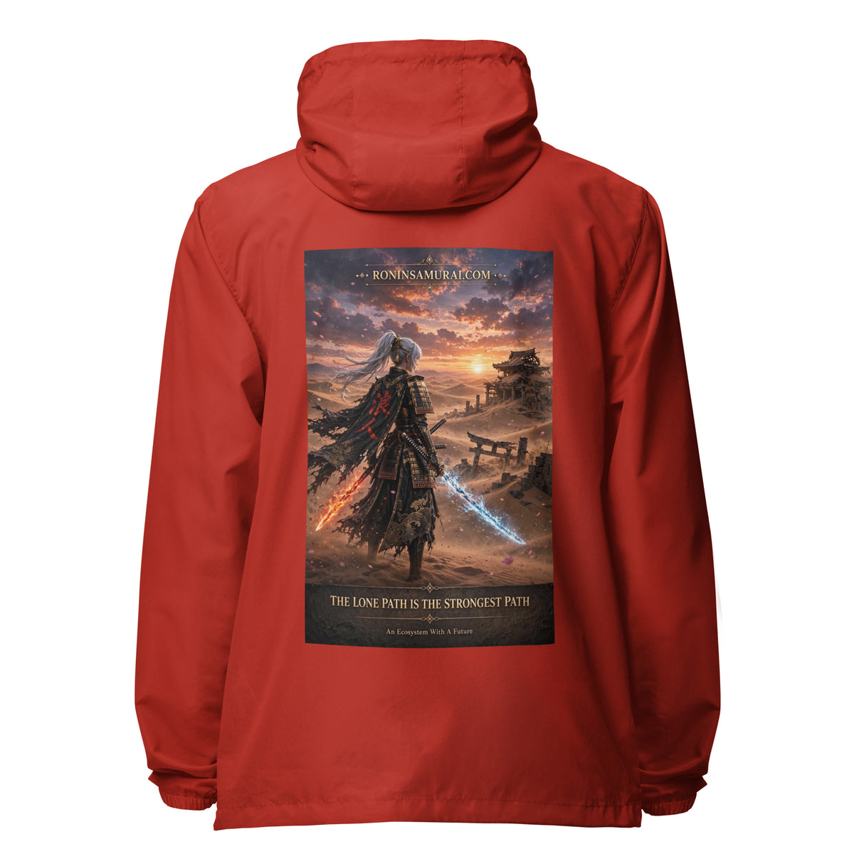 Lone Path Ronin Windbreaker, red back: back print of a white-haired samurai with fire and ice blades in a sunset desert