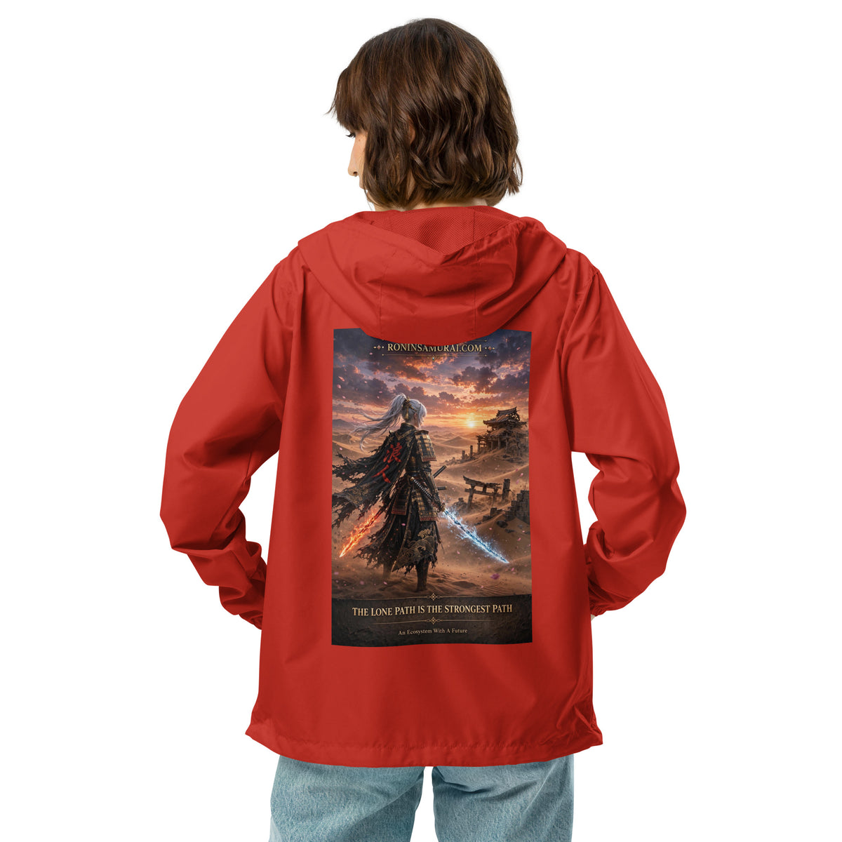 Lone Path Ronin Windbreaker, red back: back print of a white-haired samurai with fire and ice blades in a sunset desert