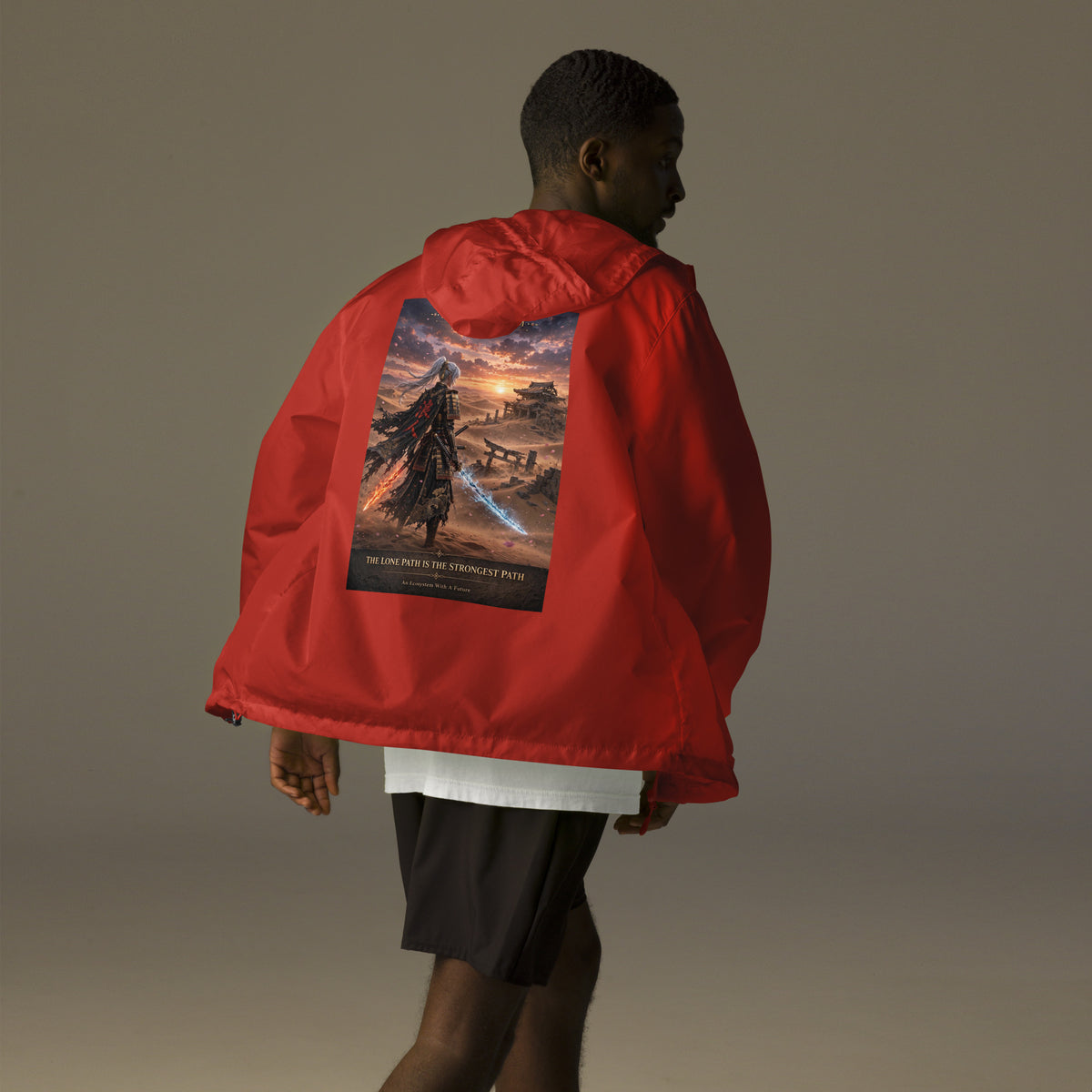 Lone Path Ronin Windbreaker, red back: back print of a white-haired samurai with fire and ice blades in a sunset desert