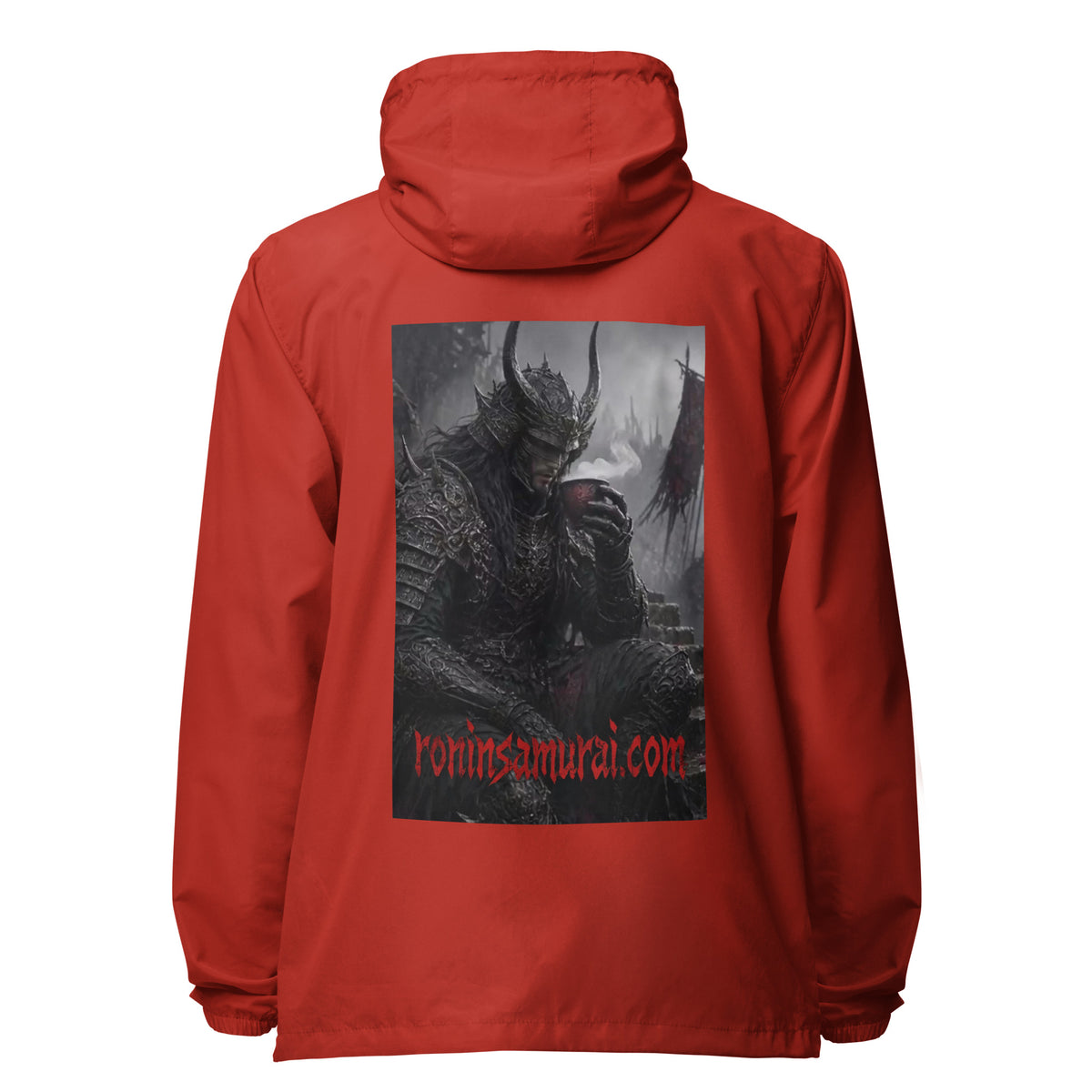 Warlord's Brew Windbreaker, red back: back print of a dark horned armored warlord sipping a steaming cup