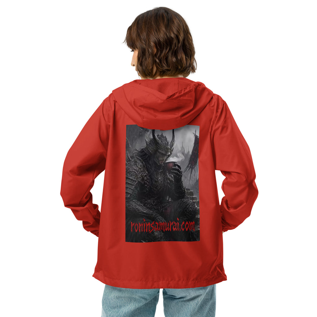 Warlord's Brew Windbreaker, red back: back print of a dark horned armored warlord sipping a steaming cup