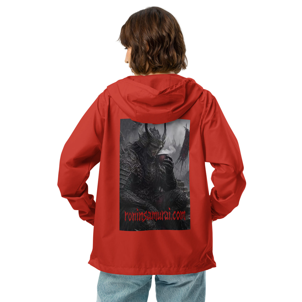 Warlord's Brew Windbreaker, red back: back print of a dark horned armored warlord sipping a steaming cup