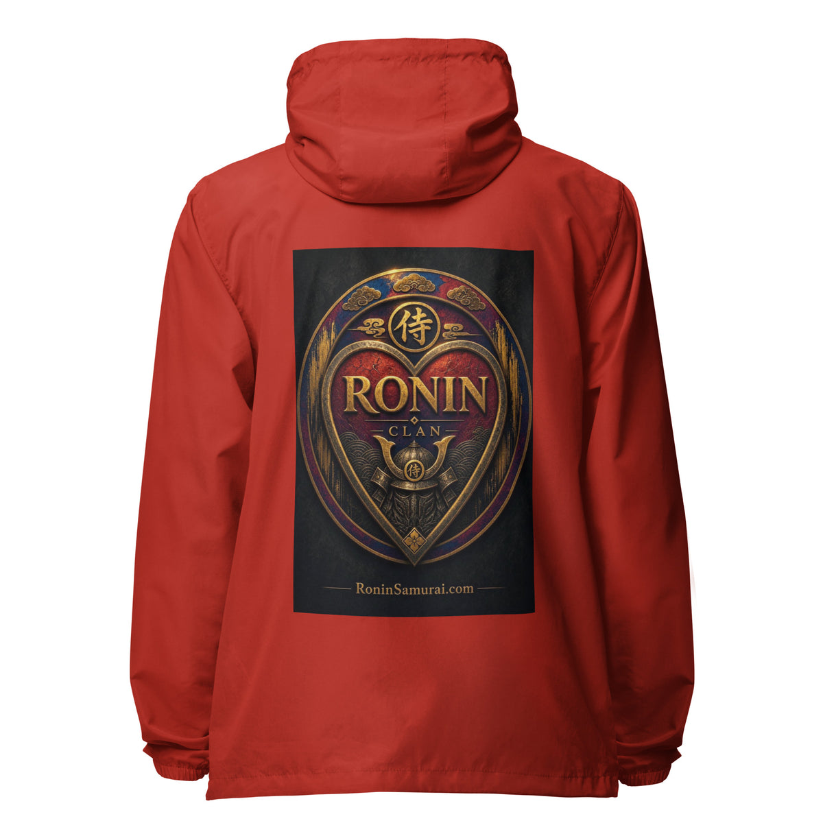 Royal Crest Ronin Clan Windbreaker, red back: gilded red-and-gold heart shield with the 侍 seal, RONIN CLAN and kabuto emblem