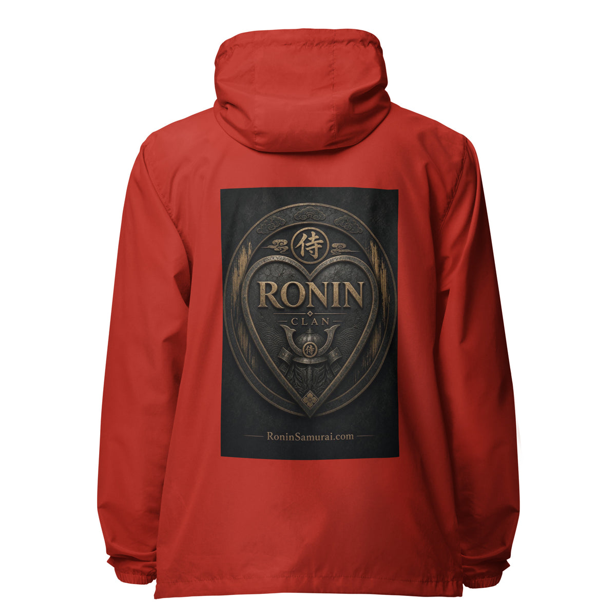 Bronze Crest Ronin Clan Windbreaker, red back: bronze heart shield with the 侍 seal, RONIN CLAN and a kabuto emblem