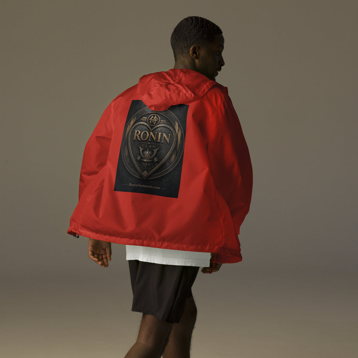 Bronze Crest Ronin Clan Windbreaker, red back: bronze heart shield with the 侍 seal, RONIN CLAN and a kabuto emblem
