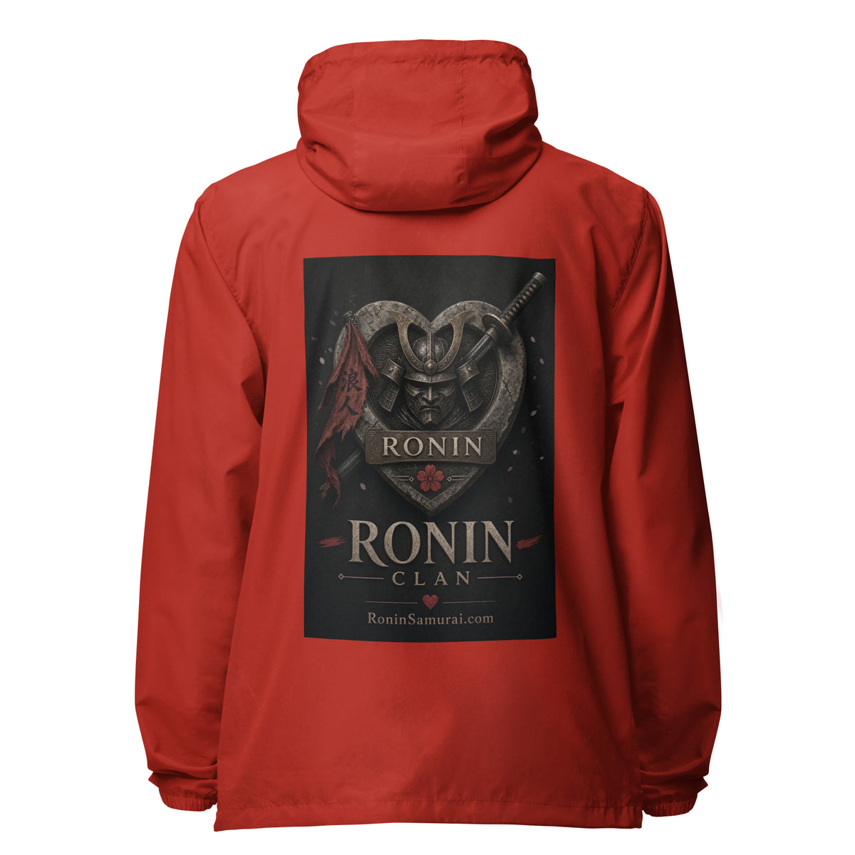 Kabuto Heart Ronin Clan Windbreaker, red back: stone heart with a masked kabuto warrior, katana and red banner, RONIN CLAN