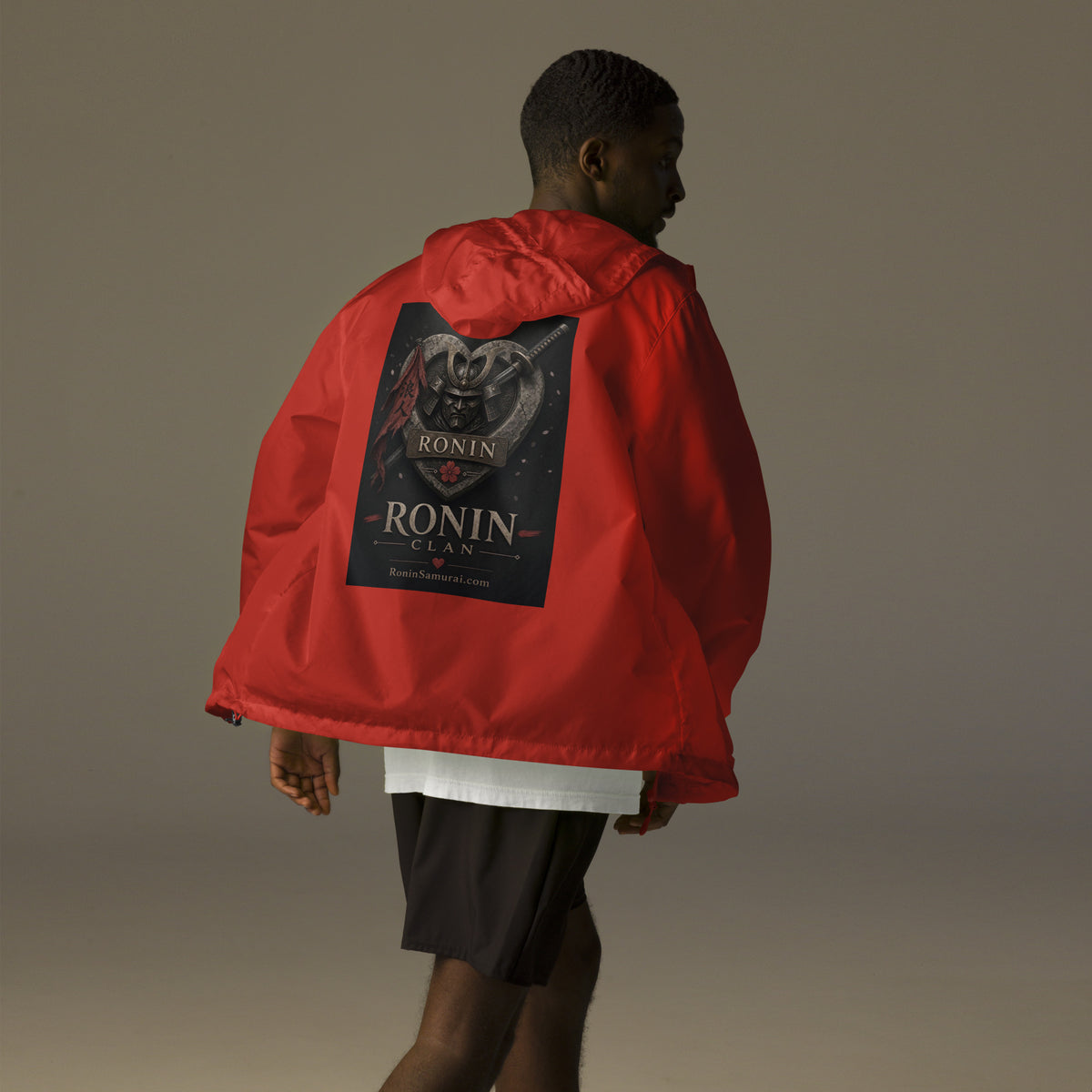 Kabuto Heart Ronin Clan Windbreaker, red back: stone heart with a masked kabuto warrior, katana and red banner, RONIN CLAN