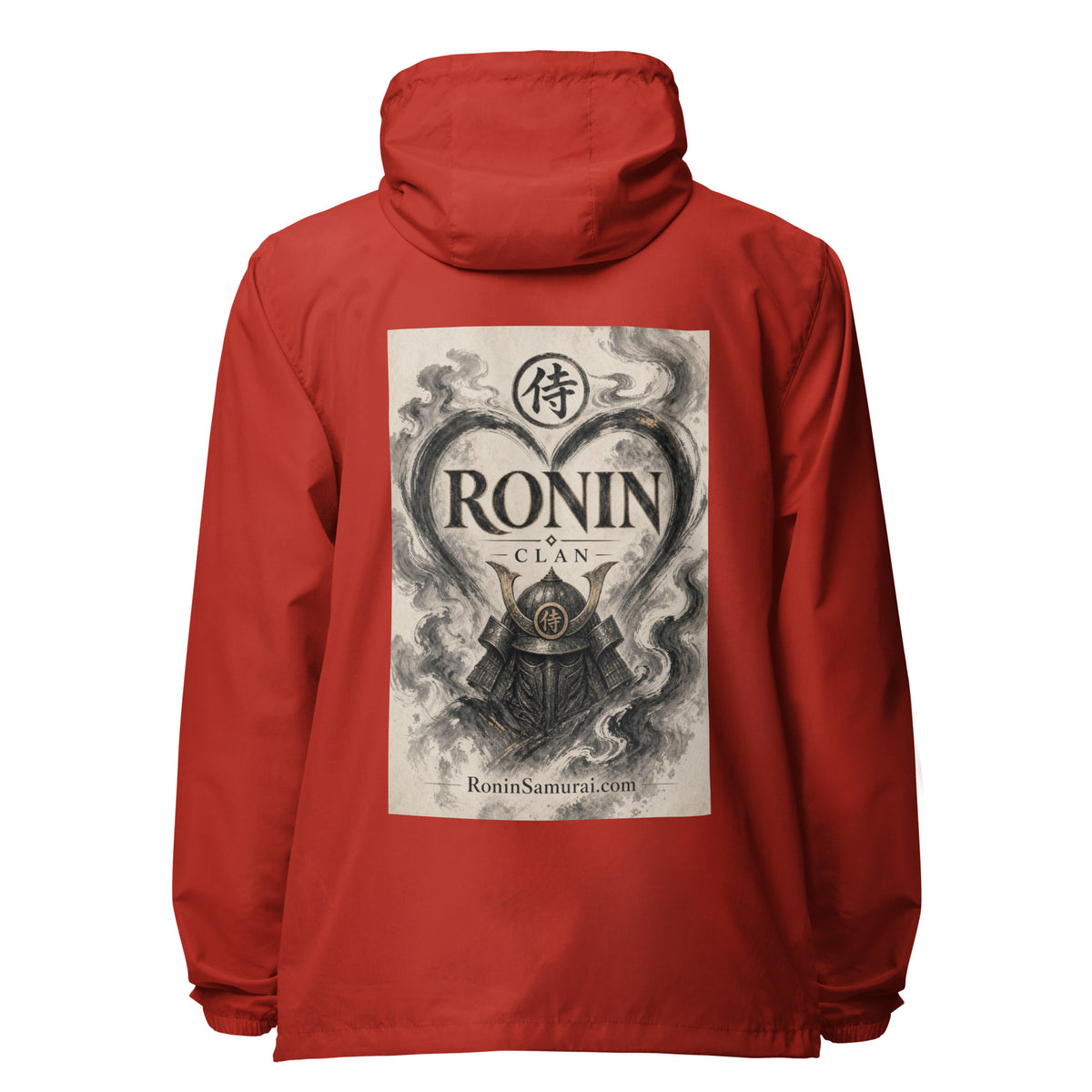 Ink Heart Ronin Clan Windbreaker, red back: ink-wash heart around a kabuto helmet on cream paper, 侍 seal and RONIN CLAN