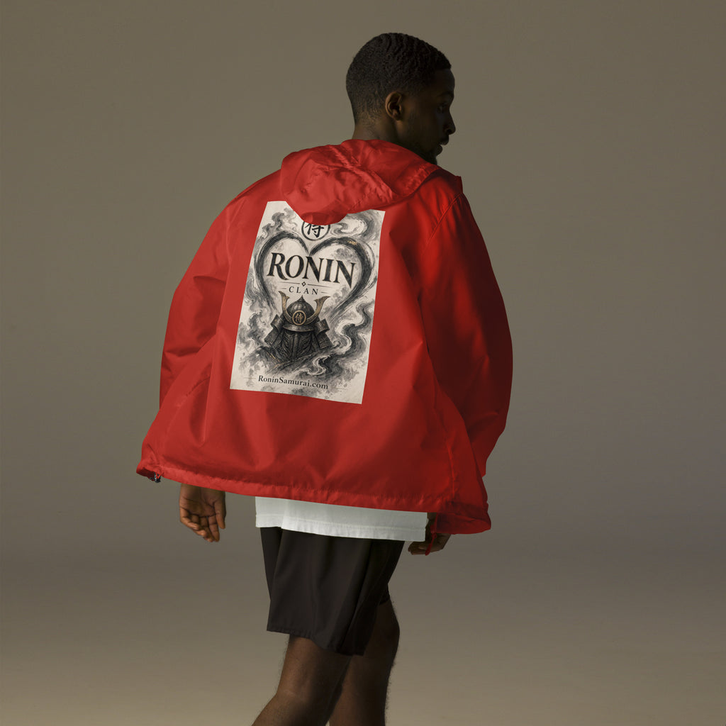 Ink Heart Ronin Clan Windbreaker, red back: ink-wash heart around a kabuto helmet on cream paper, 侍 seal and RONIN CLAN
