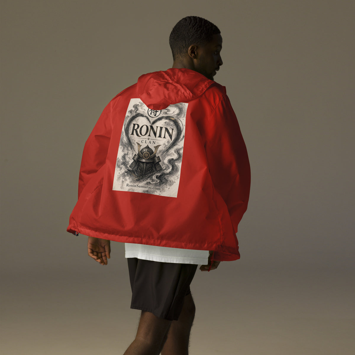 Ink Heart Ronin Clan Windbreaker, red back: ink-wash heart around a kabuto helmet on cream paper, 侍 seal and RONIN CLAN
